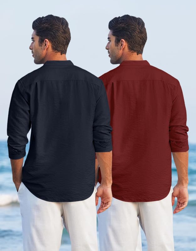 Image of Macsivo Combo of Men's Regular Fit Cotton Blend Solid Casual Short Kurta with Mandarin Collar and Pockets Kurta Pack of 2
