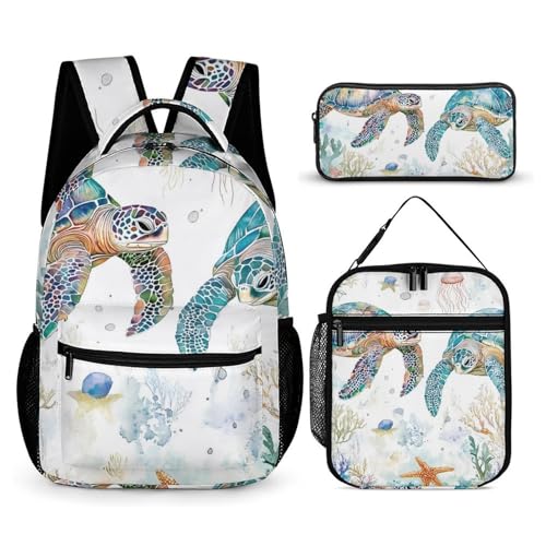 Sea Turtles Jellyfish Starfish Coral Backpack Shoulder Bags Lunch Bag Pencil Case Box 3 Set Daypack Cute