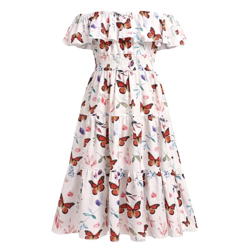 Floral Butterfly Off Shoulder Girl Dress Ruffle Smocked Waist Back to School Outfits Teen Birthday Maxi Swing Sundress