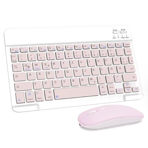 LAMA Kabellose Bluetooth Tastatur & Maus, wiederaufladbare Ultra-dünn Universal Tablet Tastatur, kompatible mit iPad/Tablet/iOS/Android/Windows Laptop/Computer, Deutsches QWERTZ-Layout, Rosa