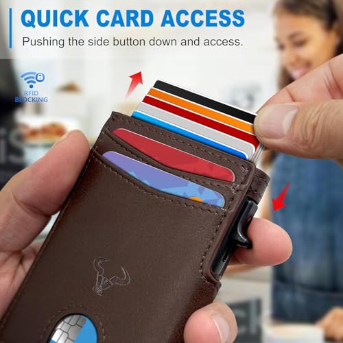 Image of VOGARD Slim RFID Blocking Wallet for Men | Pop-Up Card Holder with Money Clip & Coin Pocket | Magnetic Flip Leather Wallet | Holds 9 Cards, Cash & Keys | Coffee