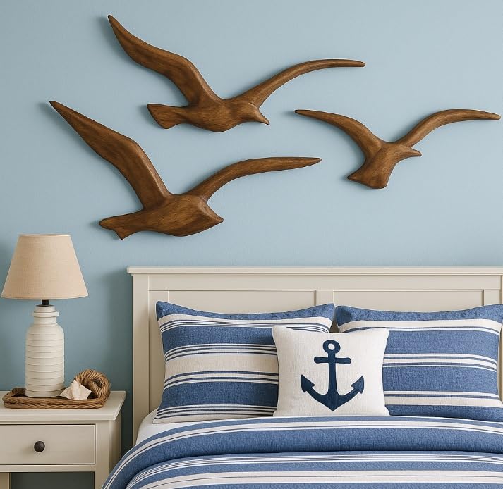 RiloStore Möwen 3er Set Holz braun Wanddekoration b362 Wanddeko 34-37cm Möwen Vögel Wandobjekt Vogel-Skulpturen Wandbild Dekovögel Metallvögel