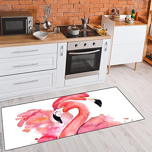 Watercolor Flamingo Kitchen Rugs Pink Flamingo Bath Mat Non Skid Washable Standing Floor Mat Runner Carpet For Bathroom Home Office Farmhouse Hallway Sink Stove Laundry 39*20 Inch #TOP2
