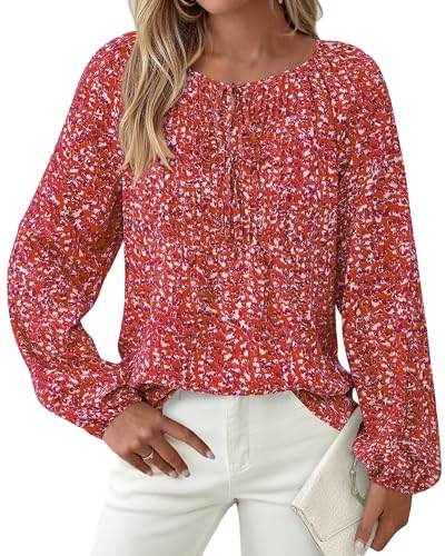 KIRUNDO Boho Tops for Women Going Out Floral Long Sleeve Shirts Dressy Casual Work Blouses Drawstring 2025 Fall Outfits