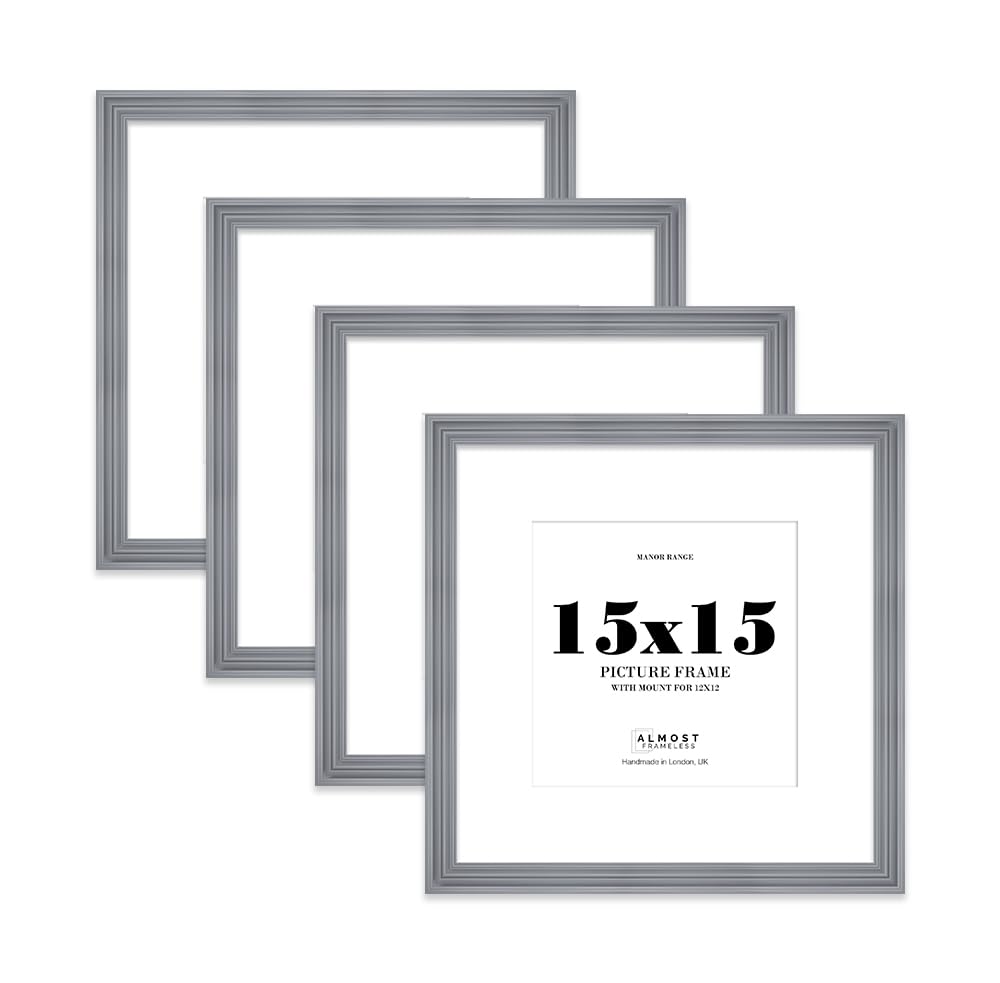 15x15" Grey Picture Frame - 15x15" Square Frame with 12x12" Mount for 15x15"/12x12" Pictures Luxurious Style Classic Interior Design Décor, 4 Pack