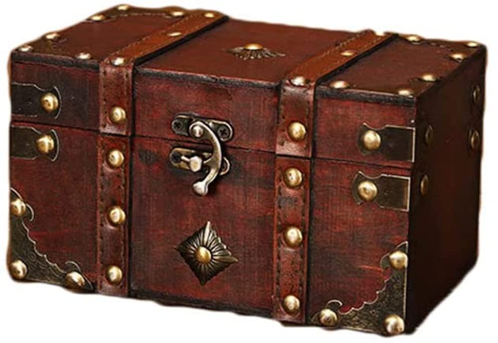 Drewniana skrzynia skarbów z zamkiem, ręcznie robione pudełko do przechowywania w stylu vintage, organizer na biżuterię w stylu antycznym, ozdobne pudełko na drobiazgi