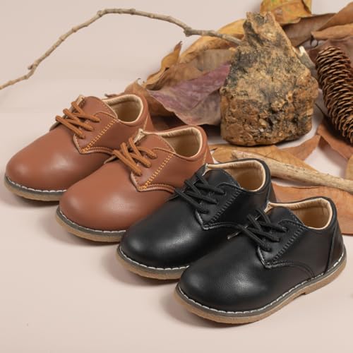 Image of Meckior Toddler Boys Girls Dress Shoes Little Kid Oxford Shoes Wedding Church Dress Shoes PU Leather Lace Up School Uniform Loafer Flats