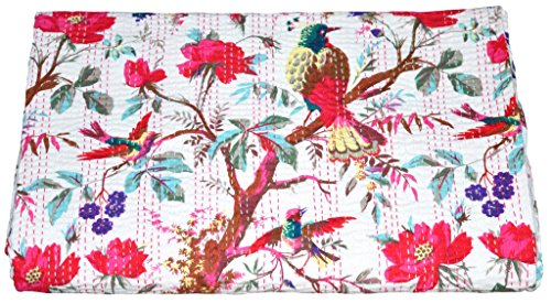 V Vedant Designs Bird Print Queen Kantha Quilt Twin Throw Blanket Bedpsread Indian Throw Vintage Quilt 90X60 Inch, White