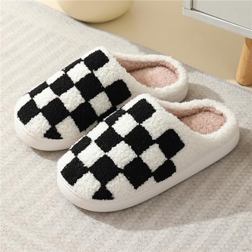 House Slippers for Women Men Plush Warm Fuzzy Plaid Slippers Unisex Memory Foam Slip on Checkered Shoes2