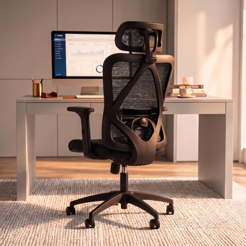 Image of DROGO Ergonaut Ergonomic Office Chair for Work from Home | Computer Chair with 2D Headrest, Armrests & Adjustable Lumbar Support | Breathable Mesh with 120 Recline, 1-Year Warranty (Black)
