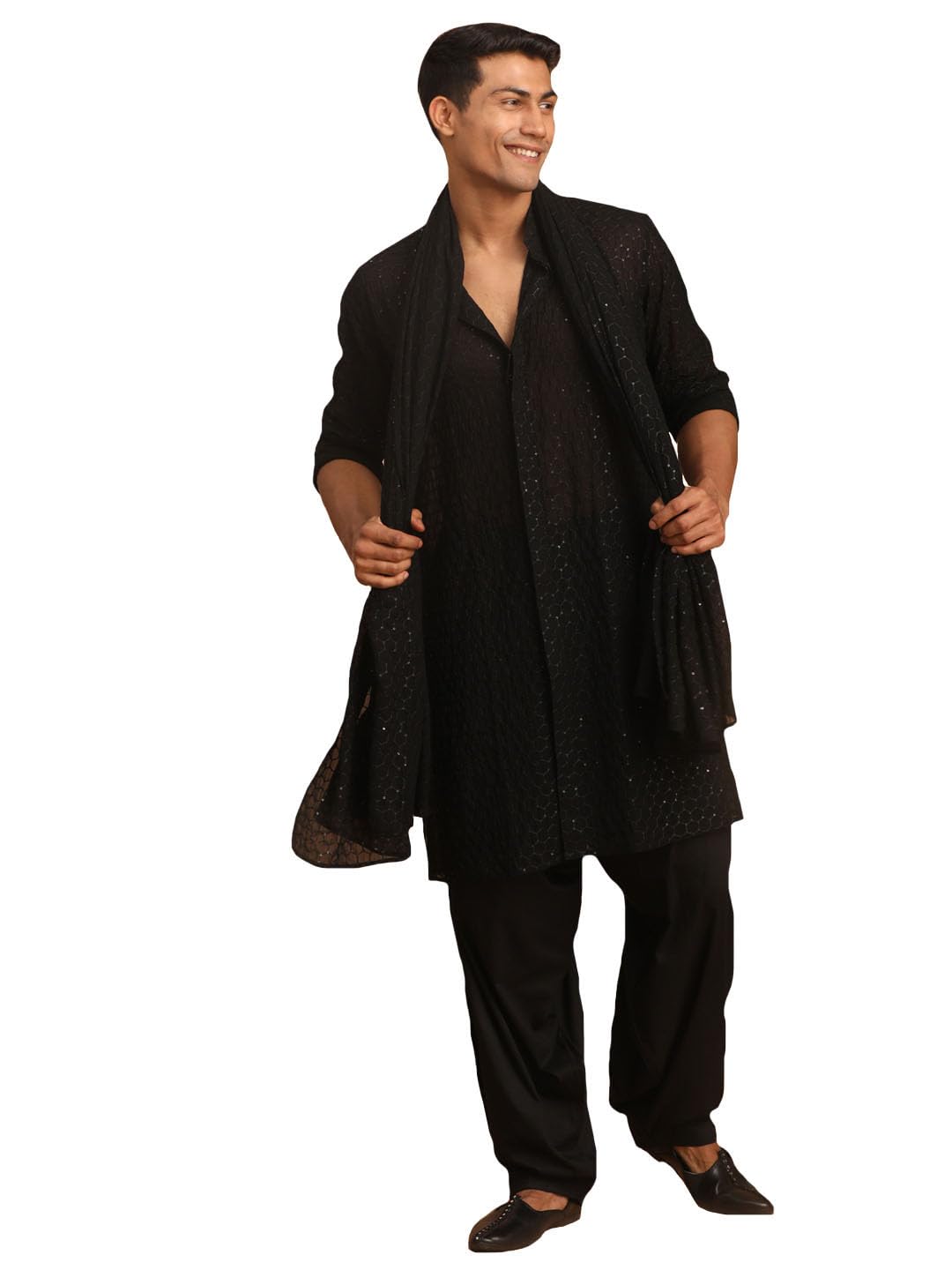 Men's Black Sequins Dupatta Only || Embroidered Georgette Dupatta || Ethnic Wear for Festivals, Weddings