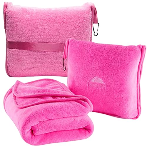 BlueHills Premium Soft Travel Blanket Pillow Airplane Blanket Packed in Soft Bag Pillowcase with Hand Luggage Belt and Backpack Clip, Compact Pack Large 2 in 1 Combo for Any Travel (Pink T004)