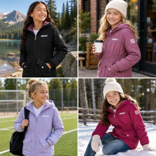 Image of DKNY Girls Midweight Jacket - Cozy Sherpa Fur Lined Water Resistant Hooded Anorak Windbreaker Zip Up Jacket for Girls