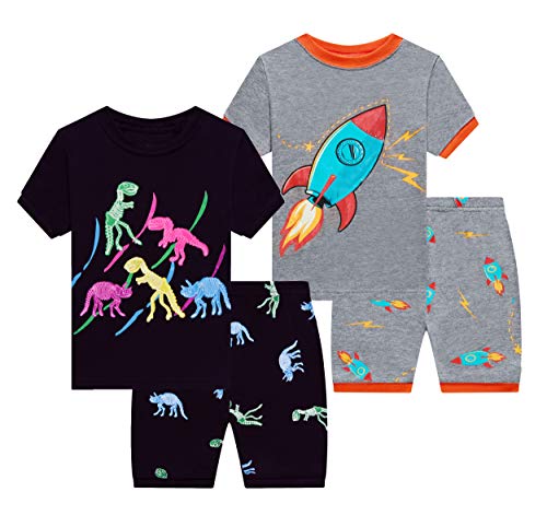 Benaive Pajamas for Boys, Pjs for Boy Cotton Summer 4-Piece Pajama Children Shorts Set (Dinosaur & Rocket, Black & Dark Grey, 2T) - image 1