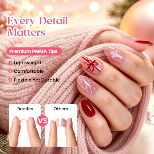 Image of Beetles Christmas Press On Nails with Glue, 32 PCS Short Almond