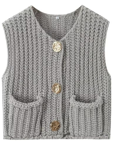 Women's Chunky Knit Vest Button Down Casual Sleeveless Cropped Crochet Sweater Cardigan with Pockets(016-Grey-S), Small