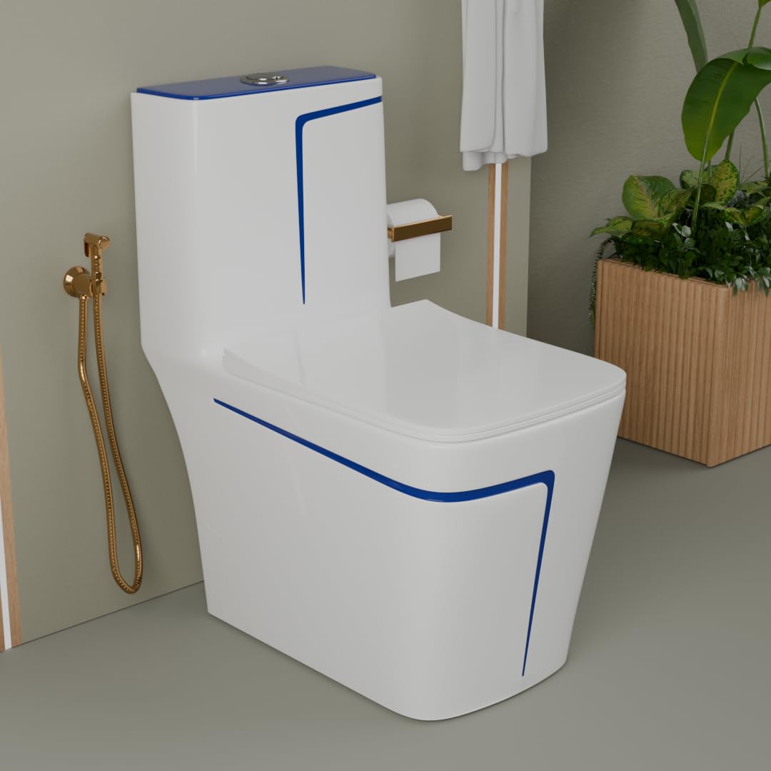 Premium Ceramic Western Toilet Commode One Piece | S-Trap Floor Mounted EWC | Wash Down Flushing System | Soft Close Seat Cover | Water Closet for Bathroom (WHITE & BLUE LINE)