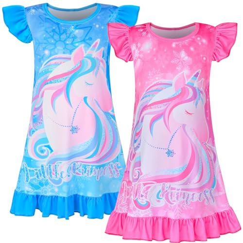 Image of Sylfairy 2pcs Girls Nightgowns, Unicorn Nightgown Princess Pajama Dresses for Girls Sleepwear Nightie