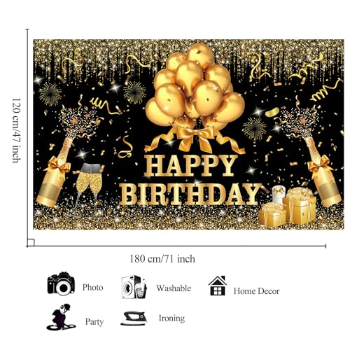 YinQin 180x120 cm Glitter Golden Black Happy Birthday Party Photography Backgrounds Backdrops Cloth 71x47 inch Shiny Black Gold Happy Birthday Sign Banner Bday Party Supplies Decoration for Women Men by YinQin - Image 4