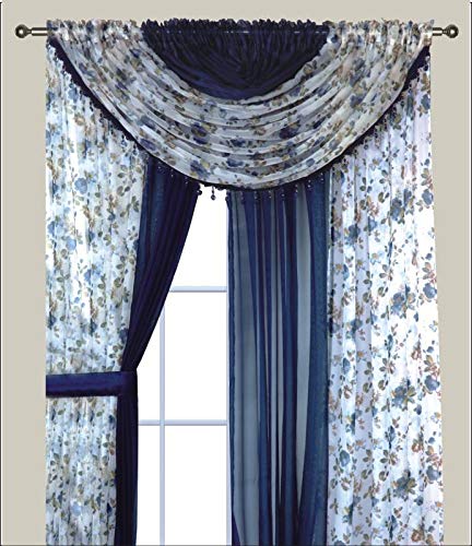 Sapphire Home Complete Window Sheer Two Tone Curtain Panel Set w/Valance and Tiebacks Multicolor Curtains for Bedroom and Living Room 4-Piece Set Window Curtain Panels 84 inches Blue Rose and Navy