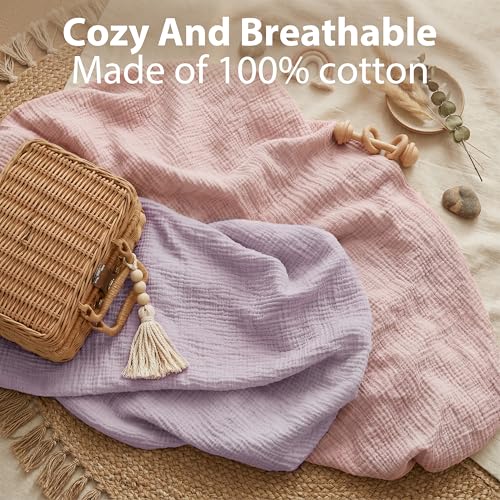 Image of Pro Goleem Muslin Pack n Play Sheets for Girls, Soft Breathable Cotton Fitted Mini Crib Sheets, Baby Sheets for Playard Mattress, 2 Pack (Pink&Purple)