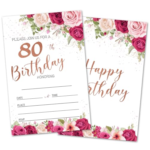 oayGnay 80th Birthday Party Invites Cards for Adults, 80 Years Old Birthday Invitations for Women Men, 20 Invitation Cards With Envelopes Floral Birthday Party Supplies -a05