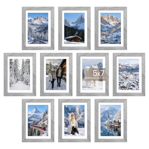 Image of upsimples 5x7 Picture Frame Set of 10, Display Pictures 4x6 with Mat or 5x7 Without, Multi Photo Frames Collage for Wall or Tabletop Display, Gray