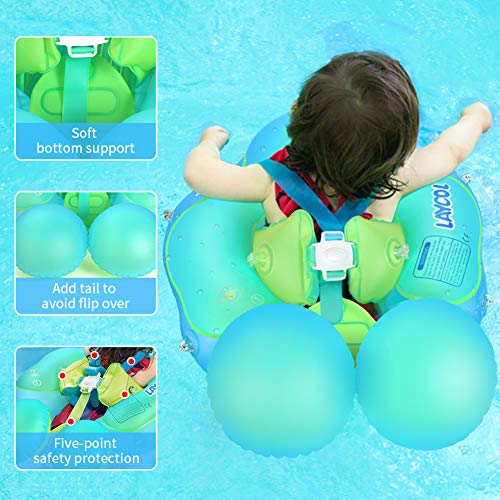 LAYCOL Baby Swimming Float with Sun Canopy Over UPF50+ ， Baby Floats for Pool Add Tail Never Flip Over (Blue, L) - Thumbnail 3