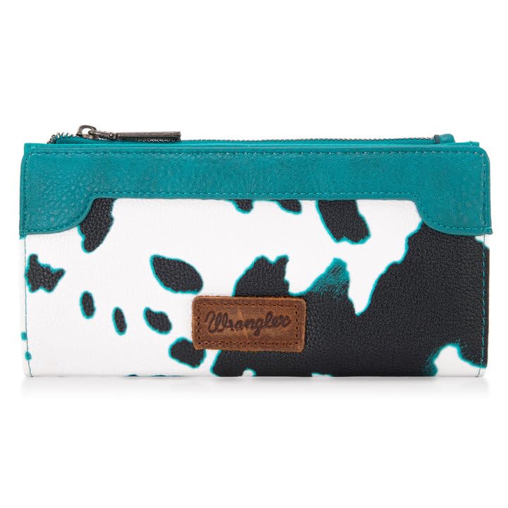Image of Montana West Wrangler Cow Print Wallets Womens Bifold Credit Card Wallet Women's Wallets, Card Cases & Money Organizers Turquoise Wallet for Women Ladies Female Cash Wallet with Smooth Zipper