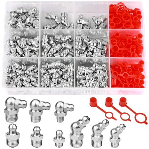 MirraSwit 270 Stück Schmiernippel Sortiment Kit M6 M8 M10 Gerade Abgewinkelt 4590 Abschmiernippel Kegelnippel Set Kegelschmiernippel mit Schutzkappe für Schmierpressen Hydraulische Fettbeschl