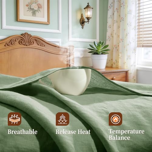 Image of 100% Pure Linen Sheet Set for Hot Sleepers, Breathable Natural Linen Sheets 4pcs, Bedding Set Deep Pocket Up to 16 inch Moisture-Wicking, Softens with Every Wash (Green Cal King)