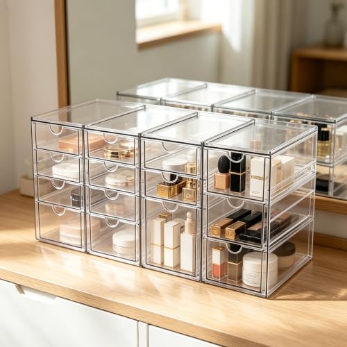 Image of Prsildan Acrylic Desk Organizers with 14 Drawers, Stackable Makeup Storage | Anti-slip Clear Storage Bins, Vanity Organizer for Craft Bead Crayon Nail, Bathroom Kitchen Office Organization, 4 Pack