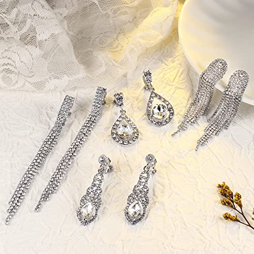 THUNARAZ 4 Pairs Silver Clip on Earrings for Women, Sparkly Rhinestone Tassel Chandelier Teardrop Dangle Earrings for Brides Bridesmaids Non Pierced Prom Jewelry Set4