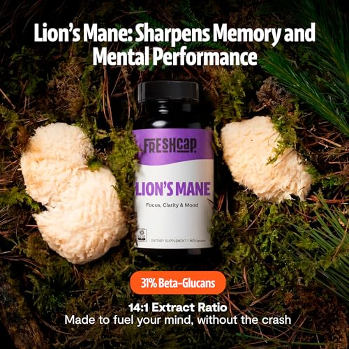 Image of FreshCap Mushrooms Premium Organic Lions Mane Capsules - 14:1 Fruiting Body Extract with 31% Beta-Glucans - 3rd-Party Tested Nootropic for Clarity, Focus & Cognitive Support (120 Capsules)