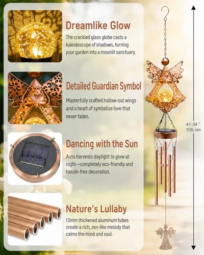 Image of Angel Solar Wind Chimes for Outside: Metal Outdoor Memorial Decor | Easy Hanging for Garden Patio Tree Window - Melodious Birthday Gifts for Women Mom Grandma