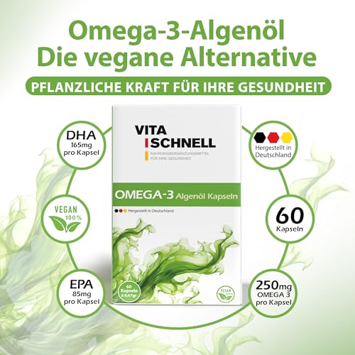 Vita Schnell Omega 3 Algenöl – 60 hochdosierte Kapseln mit 250mg EPA und DHA – Vegan, glutenfrei & laktosefrei – Ohne Allergene – nachhaltig produziert – Bild 3