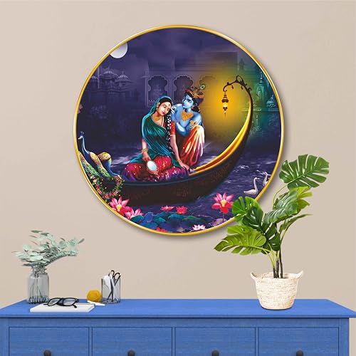Image of Livin'luxe Radha Krishna Boat Art Print - Golden Frame Round Artwork | Divine Romantic Scene with Peacock and Lotus | Traditional Hindu Art Print for Home Temple Living Room (16 x 16 Inch) Art-GRM-267