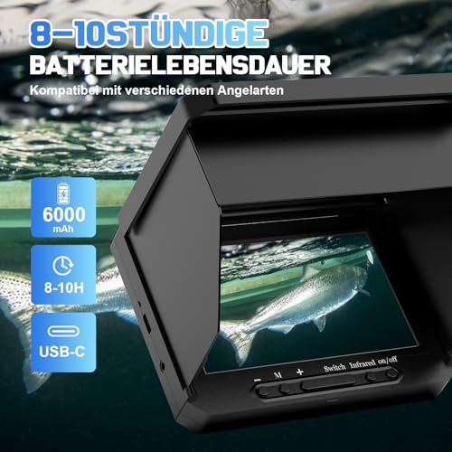 Tragbarer 5 Zoll IPS Fischfinder mit 17 IR LEDs und 20m Kabel - 1080P Angelkamera mit 220° Weitwinkel - IP68 Wasserdicht, 6000 mAh Unterwasser-Angelkamera für Boot, Eisfischen, Meeres- und Flussangeln