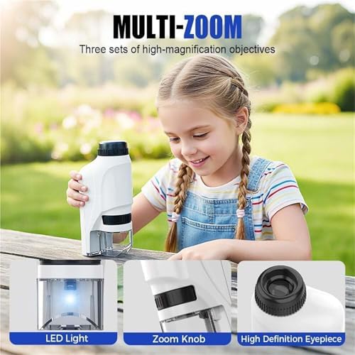 60-120X Zoom Pocket Microscope for Kids - Portable Mini Handheld Microscope with LED Lights, Ideal Eonal Science Toy for Outdoor Exploration, (Blue A)