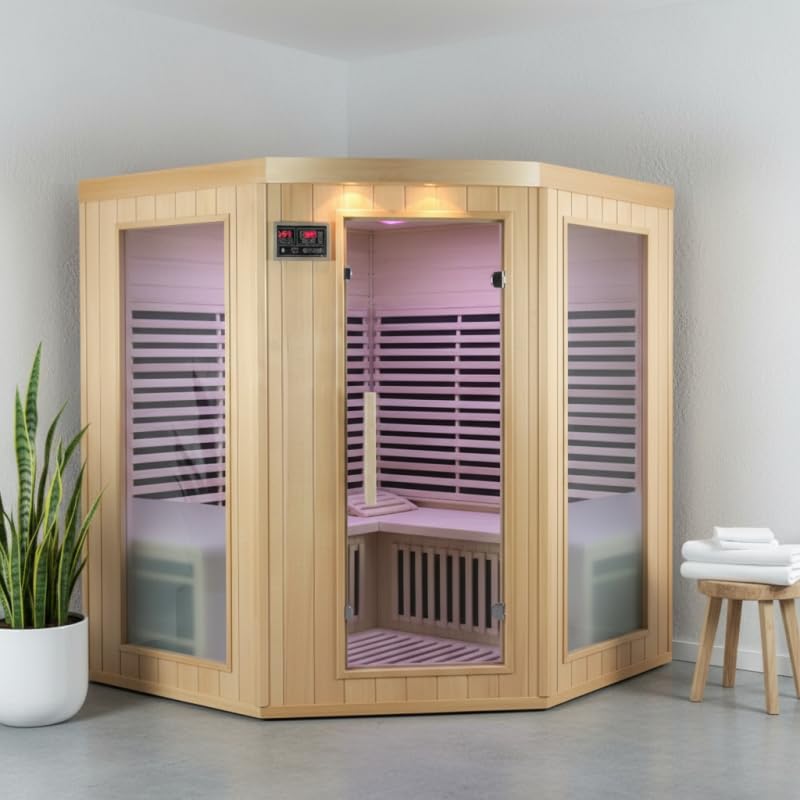 SNÖ Sauna Infrarouge d'angle 4 Places 2200W | Bois Hemlock Canadien, Panneaux Carbone, Chromothérapie, Bluetooth | 9 Émetteurs, Porte et Fenêtres en Verre Sécurisé, Ionisateur d'Oxygène
