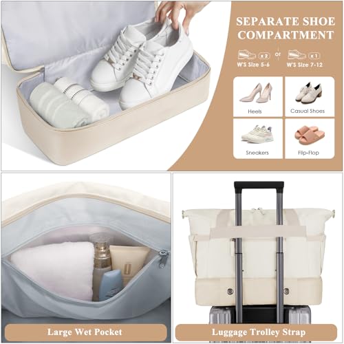 Image of Gym Bag for Women, Carry On Travel Duffel Bag with Shoes Compartment, Beige khaki, Medium, Duffel Bag