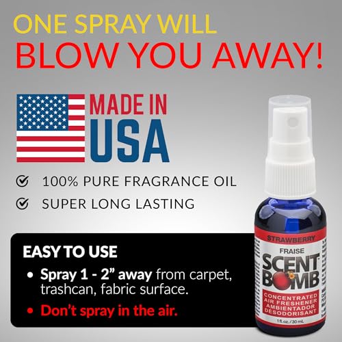 Image of Scent Bomb Air Freshener Spray, Long-Lasting Odor Eliminator - Effective Deodorizer for Home & Car, Fresh Room Spray for Kitchen, Bathroom & Smell Neutralizer - 1 oz Pack of 4, Strawberry Scent