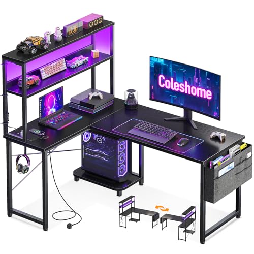 Coleshome L Shaped Gaming Desk with LED Lights & Power Outlet, 115 × 80 cm Reversible Computer Desk...