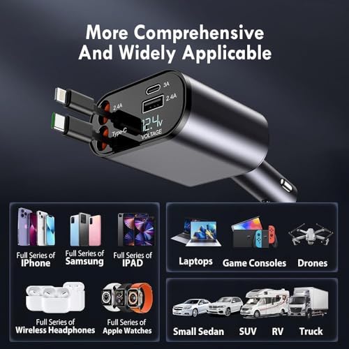 Image of 120W Fast Car Charger with 80CM Retractable Type-C Charging for 4 Devices - Universal Car Mobile Charger for All Smartphones & Tablets (Car Charger)