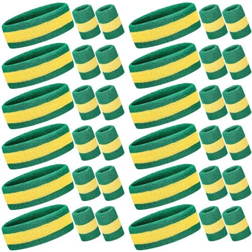 Image of Eurzom 36 Pcs Neon Sports Sweatbands Set Include 12 Striped Sweat Absorbing Headbands 24 Wristbands Athletic for Men Women Basketball Tennis Running Glow Party