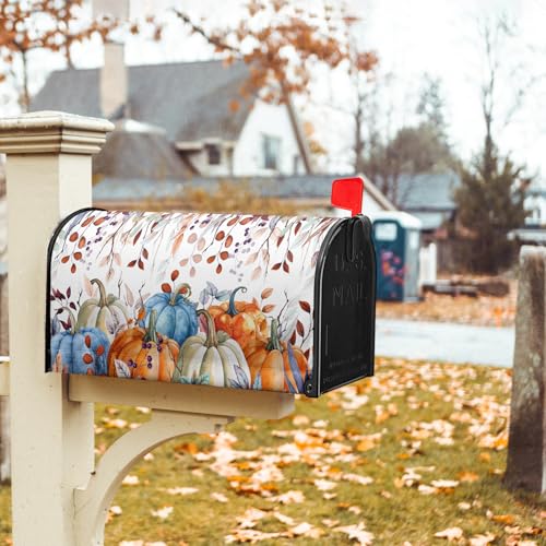 Image of Fall Mailbox Covers Magnetic Standard Size 21x18 Inch Autumn Pumpkins Blue Watercolor Eucalyptus Leaves Mail Box Cover Thanksgiving Harvest Letter Covers Decor Post Box Wraps for Outdoor Garden Yard