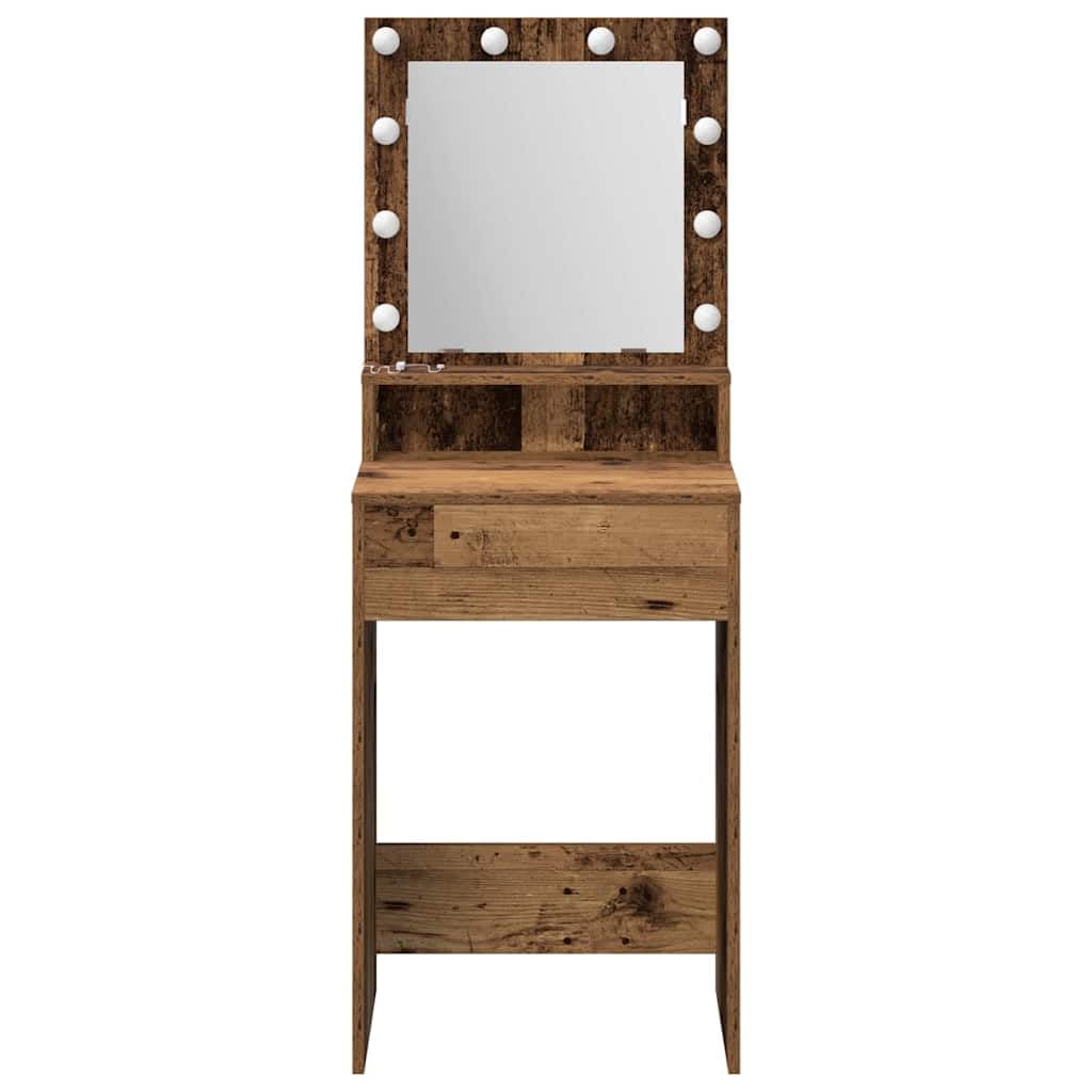Toaletka z drewna odpadowego, 50 x 41 x 135 cm, z regałem, oświetleniem lustra LED, przyłączem USB, miejscem do przechowywania i szufladami do sypialni, kosmetyków i makijażu