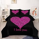 CCoutueChen Leopard Heart Pattern Comforter Sets King Size, Black Pink Love Bedding Set for Girls Women Kids, 3Pcs Romantic Modern Microfiber Bed Sets for All Season/90“x104”