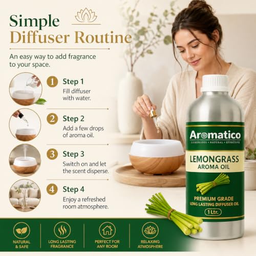 Image of AROMATICO Lemongrass Diffuser Oil with Strong,Long-Lasting Aroma. Light,Citrusy,Stress Relieving Oil for Homes,Offices & Showroom. Aromatherapy,Diffusers, Purifiers,Vaporizers - 1 L (1000 ml)
