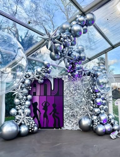Image of 6Pcs 22Inch Silver Disco Ball Balloons - 4D Large Foil Balloons with Metallic Star for 70s Disco Dance Birthday Party